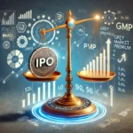 Illustration explaining IPO Grey Market Premium (GMP) with a balance scale showcasing IPO price and market expectations.