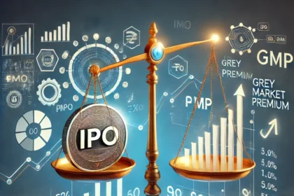 Illustration explaining IPO Grey Market Premium (GMP) with a balance scale showcasing IPO price and market expectations.