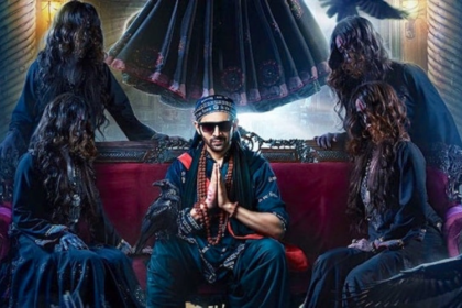 "Kartik Aaryan in Bhool Bhulaiyaa 3 sitting on a royal chair, surrounded by eerie, ghostly figures. A perfect blend of horror and comedy."