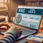 A realistic depiction of a person downloading the SSC CGL Tier-II admit card on a laptop, showing the official SSC website on the screen with the admit card section open. The desk features a phone, pen, and ID card, symbolizing preparation for the exam.