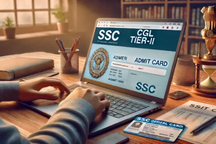 A realistic depiction of a person downloading the SSC CGL Tier-II admit card on a laptop, showing the official SSC website on the screen with the admit card section open. The desk features a phone, pen, and ID card, symbolizing preparation for the exam.