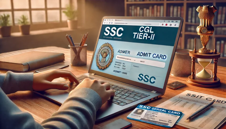 A realistic depiction of a person downloading the SSC CGL Tier-II admit card on a laptop, showing the official SSC website on the screen with the admit card section open. The desk features a phone, pen, and ID card, symbolizing preparation for the exam.