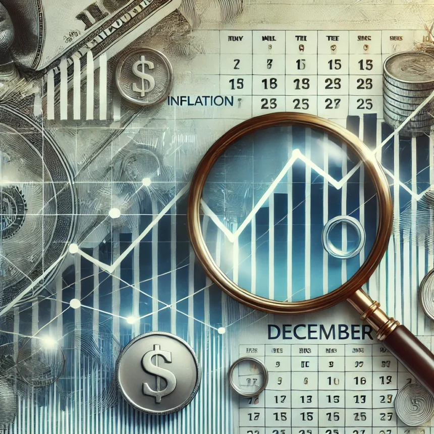 A digital illustration representing the December CPI Inflation Report with visual elements such as magnifying glass focusing on numbers and graphs