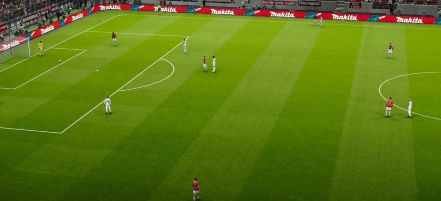 An expansive view of a lush green football pitch at the San Siro Stadium, capturing the atmosphere of an intense Serie A clash between AC Milan and Parma.