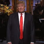 Donald Trump impersonation on Saturday Night Live by James Austin Johnson during a comedic sketch alongside Lin-Manuel Miranda.