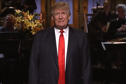 Donald Trump impersonation on Saturday Night Live by James Austin Johnson during a comedic sketch alongside Lin-Manuel Miranda.