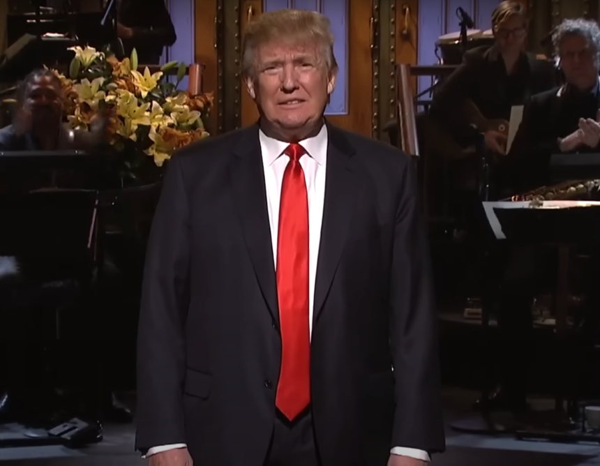 Donald Trump impersonation on Saturday Night Live by James Austin Johnson during a comedic sketch alongside Lin-Manuel Miranda.