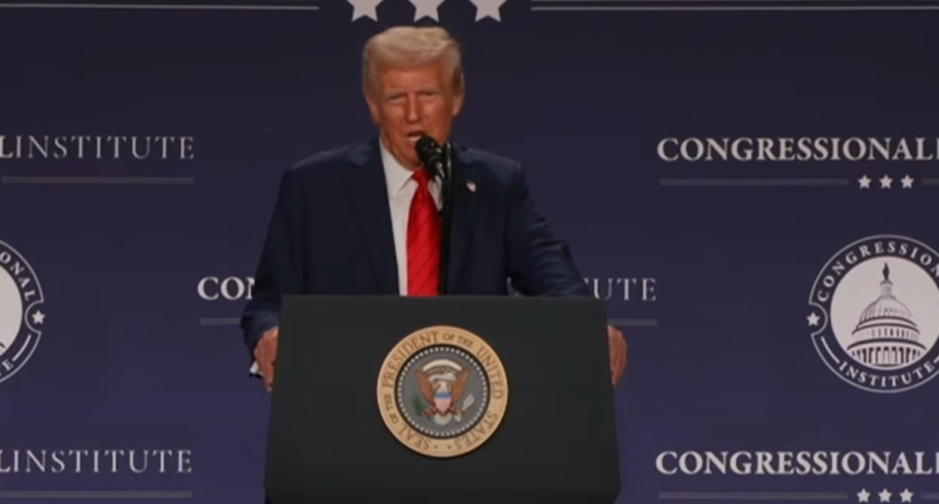 Donald Trump delivering a speech at a press conference.