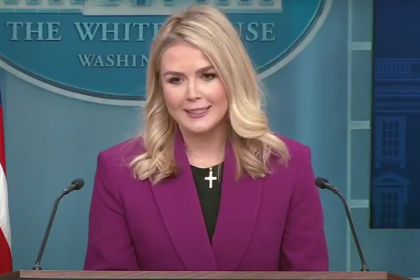 White House Press Secretary Karoline Leavitt addressing reporters during a press briefing.