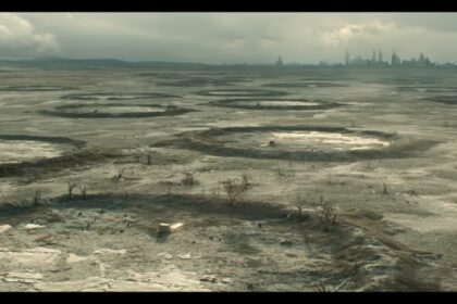 Overhead view of a dystopian landscape from Silo, depicting the barren environment outside the silo system.