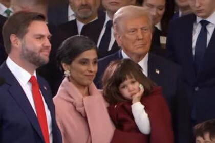 Usha Vance and Vice President JD Vance at the inauguration ceremony, symbolizing their historic role as the Second Lady and Vice President of the United States.