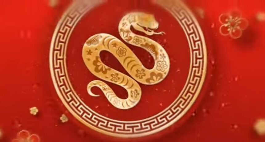 Lunar New Year 2025 Snake Symbol - A golden snake on a red background representing the Year of the Snake in Chinese astrology