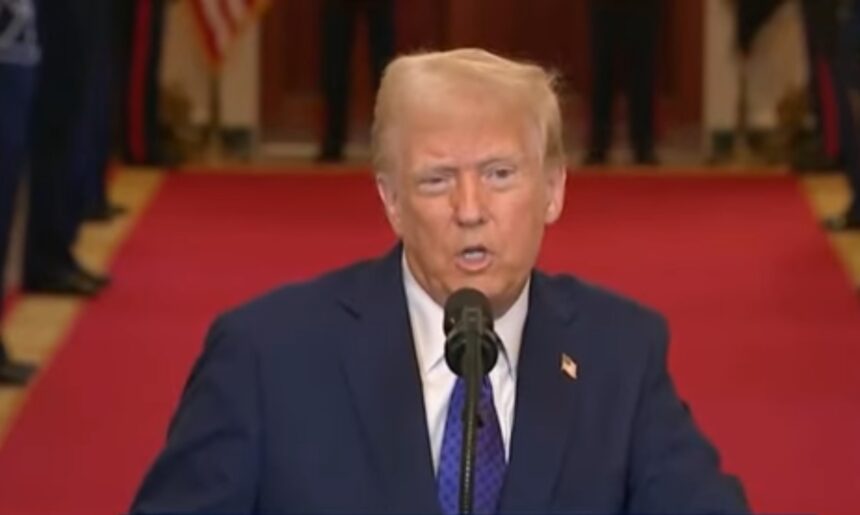 President Donald Trump speaking during a televised address, announcing his decision regarding Guantanamo Bay and immigration policy.