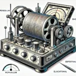 Illustration of a modern seismograph recording seismic waves, showcasing the pendulum, base, and recording drum, with visible seismic wave patterns.