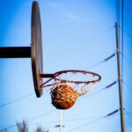 Basketball hoop and net against a clear blue sky, symbolizing the essence of the game