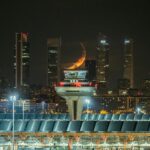 A modern airport with aircraft and helicopters in motion, highlighting air traffic control and flight separation strategies for safe aviation operations.