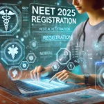 NEET 2025 Registration - A futuristic digital illustration showcasing a medical student registering online, surrounded by holographic medical icons and technology-inspired elements.