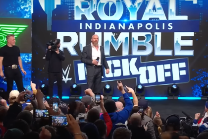 WWE Royal Rumble 2025 event with a packed audience and stage setup