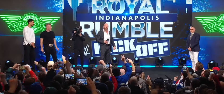 WWE Royal Rumble 2025 event with a packed audience and stage setup