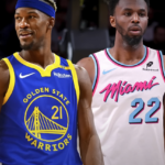 NBA star Jimmy Butler in a split image featuring his transition from the Miami Heat to the Golden State Warriors after the blockbuster trade on February 6, 2025.