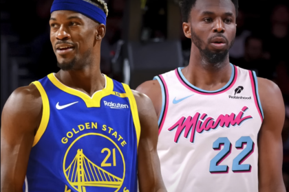 NBA star Jimmy Butler in a split image featuring his transition from the Miami Heat to the Golden State Warriors after the blockbuster trade on February 6, 2025.