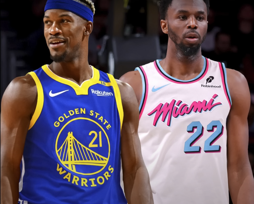 NBA star Jimmy Butler in a split image featuring his transition from the Miami Heat to the Golden State Warriors after the blockbuster trade on February 6, 2025.