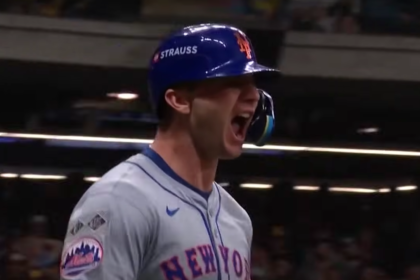 New York Mets star Pete Alonso celebrating during a game, following his re-signing with the team on a two-year, $54 million contract.