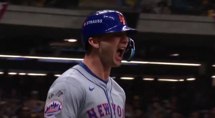 New York Mets star Pete Alonso celebrating during a game, following his re-signing with the team on a two-year, $54 million contract.