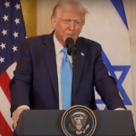 Donald Trump speaking at a podium with the U.S. and Israeli flags in the background.