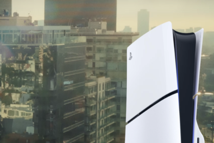 PlayStation 5 console with DualSense controller displayed against a modern cityscape, representing the latest PS5 news, game releases, and updates in 2025.