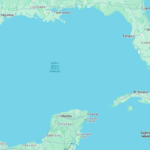 A screenshot of Google Maps displaying the Gulf of Mexico, recently renamed as the Gulf of America in the U.S., sparking international debate.