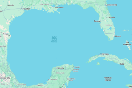 A screenshot of Google Maps displaying the Gulf of Mexico, recently renamed as the Gulf of America in the U.S., sparking international debate.