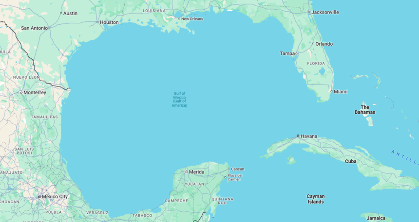 A screenshot of Google Maps displaying the Gulf of Mexico, recently renamed as the Gulf of America in the U.S., sparking international debate.