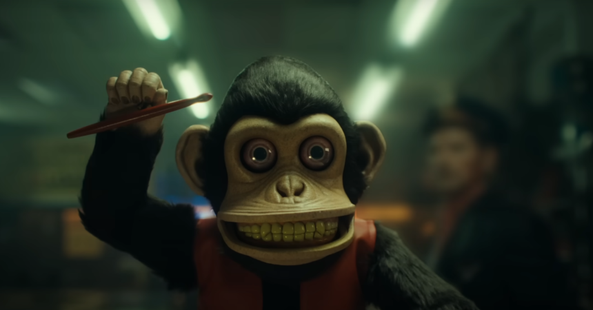 A creepy toy monkey with cymbals from The Monkey (2025), the upcoming horror adaptation of Stephen King’s short story.