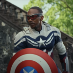 Sam Wilson as the new Captain America, wearing his suit and holding the shield, symbolizing his role in Captain America: Brave New World.