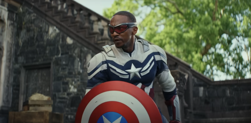 Sam Wilson as the new Captain America, wearing his suit and holding the shield, symbolizing his role in Captain America: Brave New World.