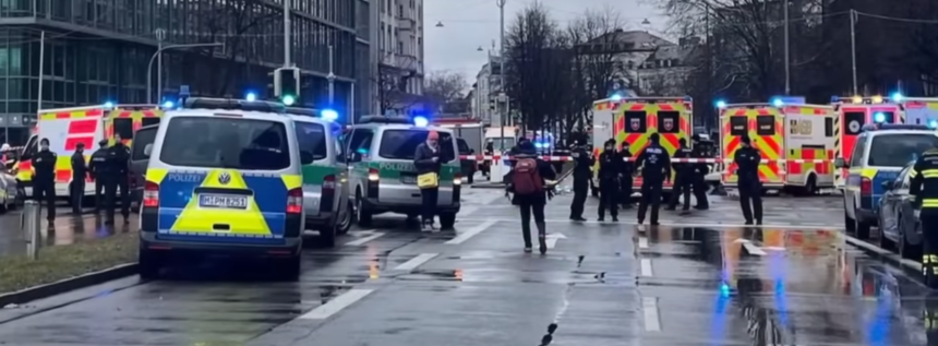 Emergency response at the scene of a car attack in Munich, Germany, with police securing the area.