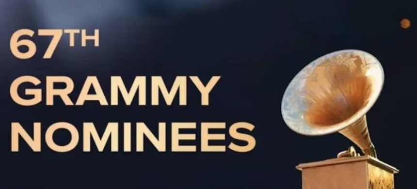 67th Grammy Awards Nominees banner highlighting the biggest music event of 2025 featuring top artists like Beyoncé, Taylor Swift, and Billie Eilish.