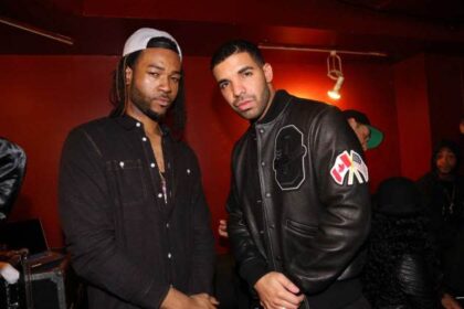 Drake and PARTYNEXTDOOR posing together at an event, celebrating the release of their collaborative album '$ome $exy $ongs 4 U' on February 14, 2025