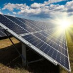 Solar panels generating electricity under bright sunlight