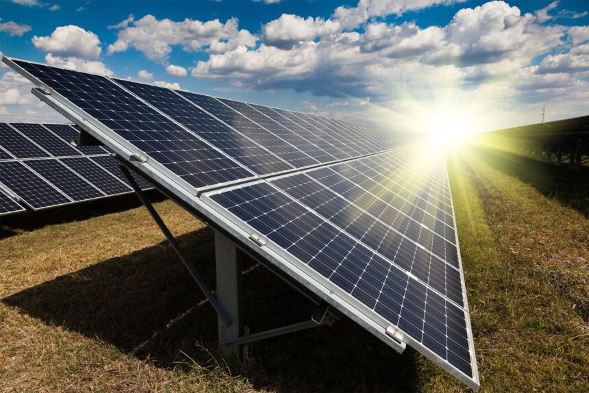 Solar panels generating electricity under bright sunlight